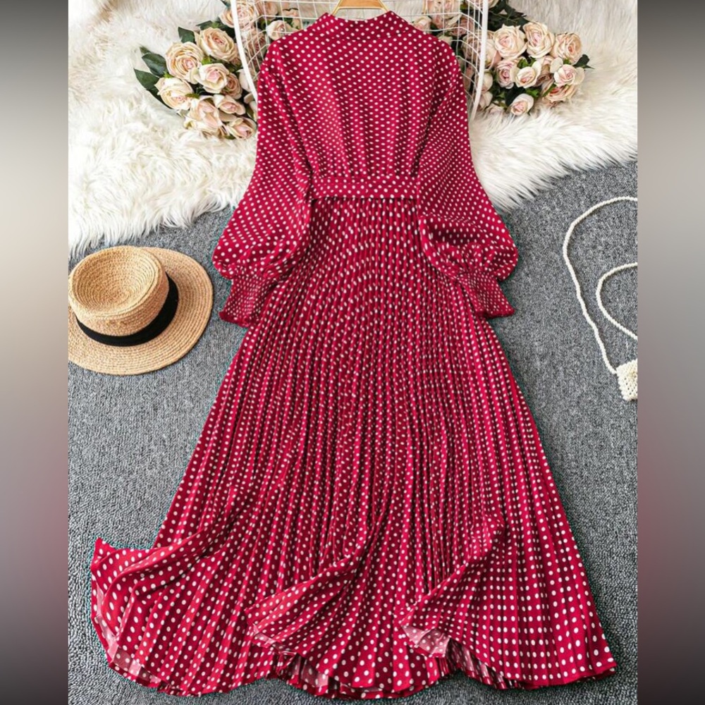 Elegant Red Polka white Dot Maxi Dress long sleeves